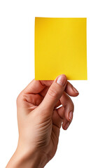 A realistic photograph of a hand holding a post-it note, isolated.