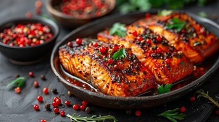 Cooking salmon fillets with fresh pomegranate seeds in a hot pan - obrazy, fototapety, plakaty