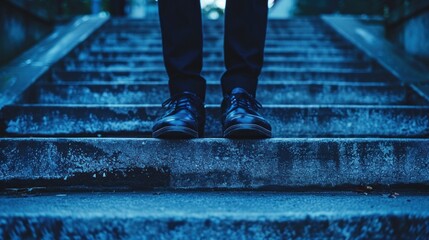 A person standing on a set of stairs