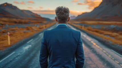 A man dressed in a blue suit standing on an empty road - Powered by Adobe