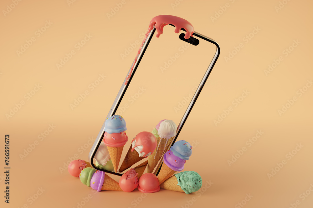 Poster 3d rendering of mockup smartphone with colored ice cream in studio