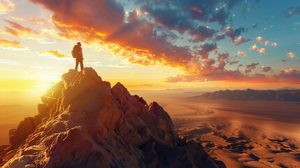 A single hiker reaching the summit of a desert mountain at sunset, the sky ablaze with colors. - obrazy, fototapety, plakaty