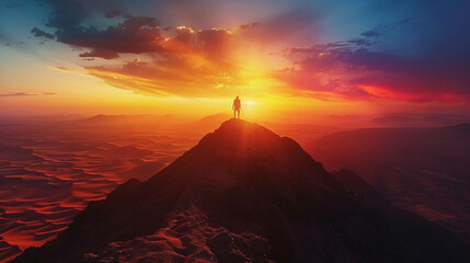 A single hiker reaching the summit of a desert mountain at sunset, the sky ablaze with colors.