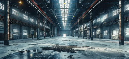 A large dark warehouse with high ceilings and black and broken floors. Generative AI. - obrazy, fototapety, plakaty