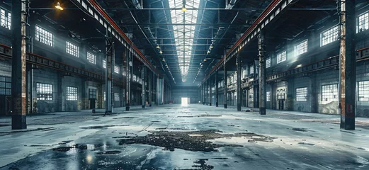 Papier Peint photo Lavable Vieux bâtiments abandonnés A large dark warehouse with high ceilings and black and broken floors. Generative AI.