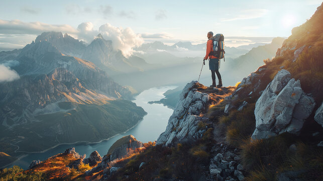 A lone hiker positioned at the brink of a stunning mountain view, with the expansive scenery unfolding ahead.