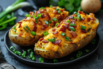Close up several baked potatoes in jacket stuffed with bacon, green onions and cheddar cheese on plate on black background