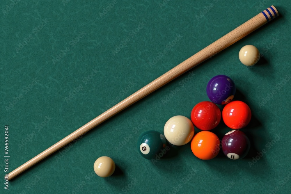 Poster image of a pool table with balls and a cue, suitable for sports and leisure concepts