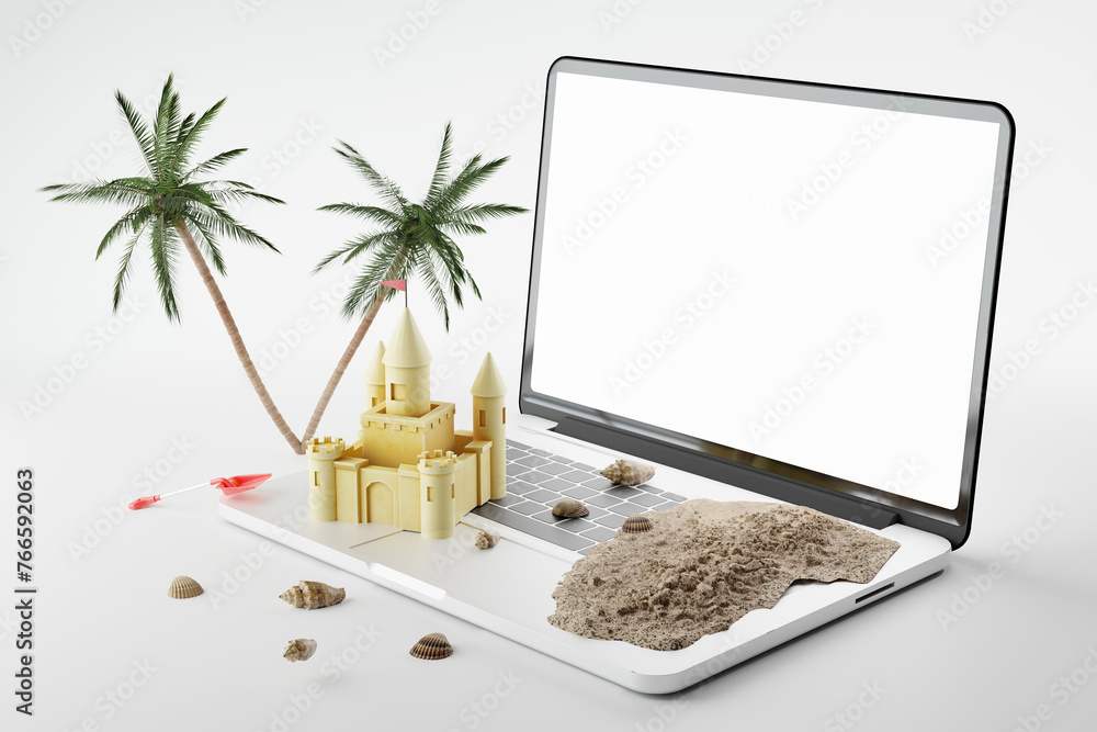 Aufkleber 3d rendering of open laptop mock up with green palm trees and castle near soil