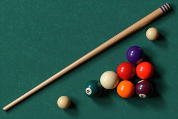 Image of a pool table with balls and a cue, suitable for sports and leisure concepts