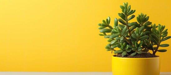 A close-up view of a healthy plant with lush green leaves growing in a vibrant yellow pot placed on a wooden table