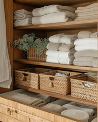Linen cupboard in bathroom with shelves baskets, clean towels and closet organizer drawers in scandinavian style, eco friendly solution for storage