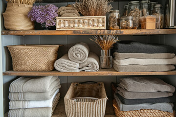 Linen cupboard in bathroom with shelves baskets, stacks clean towels and closet organizer drawers...