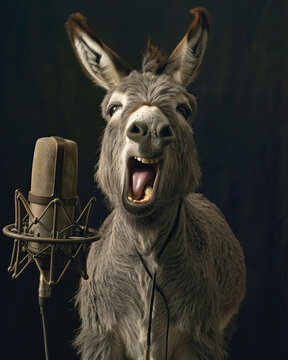 Close up cheerful donkey is singing song in recording microphone in music studio isolated on black background, funny animal