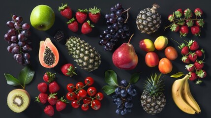 A variety of fruits displayed on a dark background. Suitable for food and nutrition concepts