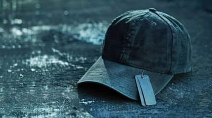 Baseball cap with tag on the ground, suitable for sports or fashion concepts