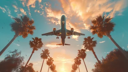 Foto auf Acrylglas Airplane flying over palm trees at sunset. Perfect for travel and vacation concepts © Fotograf