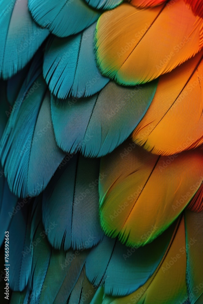 Poster detailed view of vibrant bird feathers, suitable for various design projects