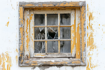A close-up of an old wooden window, its peeling paint and broken pane isolated against a stark white backdrop.