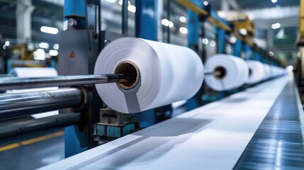 Factory with rolls of paper on a conveyor belt, suitable for industrial concepts
