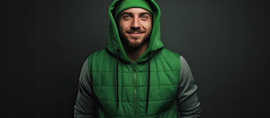 An individual wearing a green hoodie and grey shirt appearing lost or confused