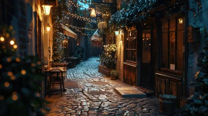 Tuinposter Dark, atmospheric image of a narrow cobblestone street at night. Perfect for urban backgrounds © Fotograf