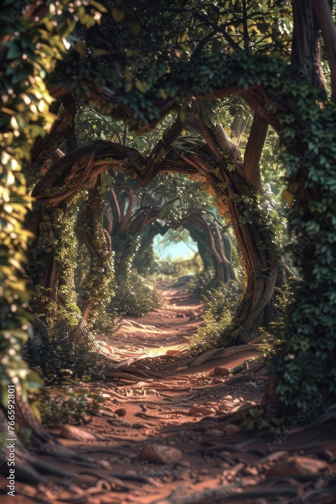 Poster a scenic path through a tunnel of trees. ideal for nature and outdoor themes