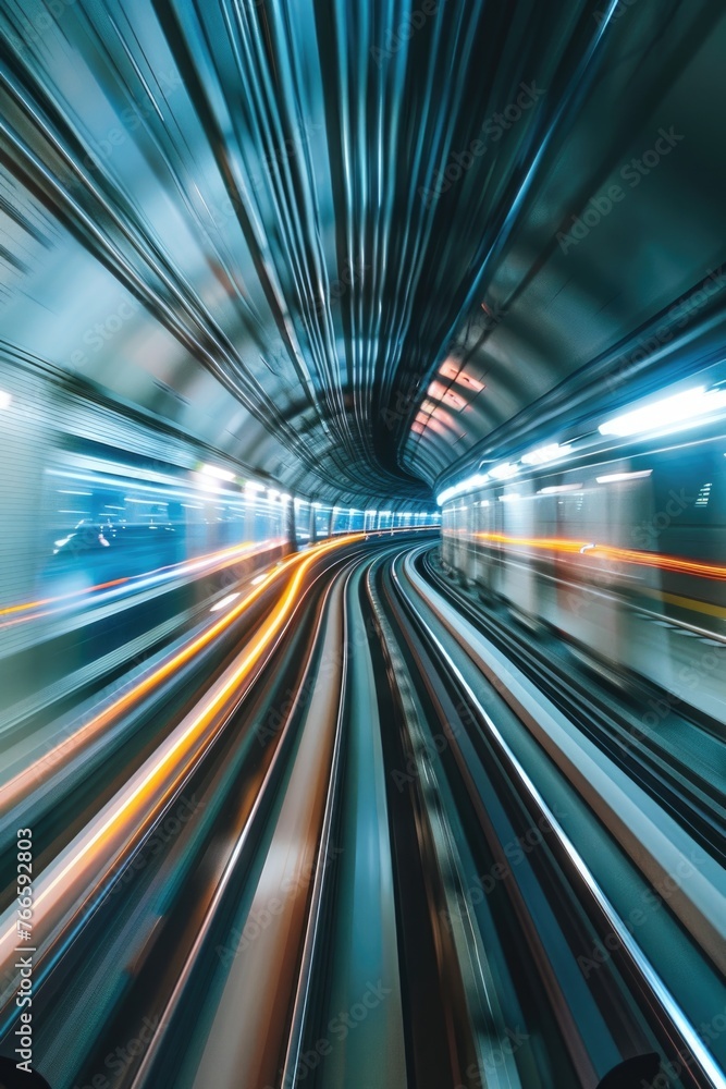 Poster Blurry image of a train traveling through a dark tunnel. Suitable for transportation themes
