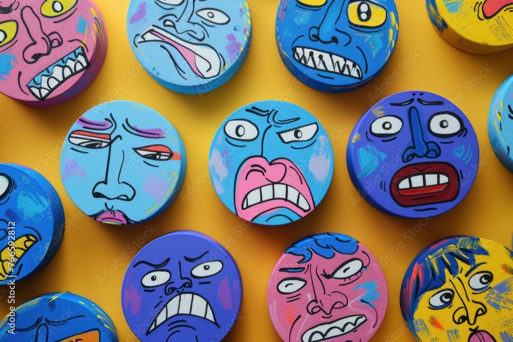 Leinwandbilder A bunch of buttons with unique faces painted on them. Perfect for craft projects or DIY tutorials