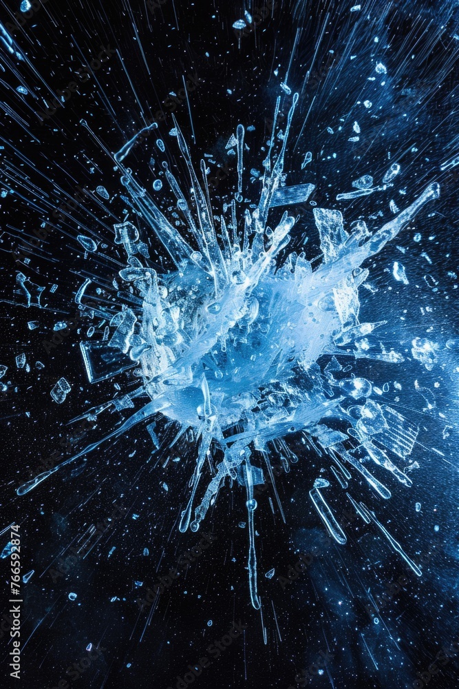 Aufkleber A dynamic explosion of water and ice on a black background. Suitable for various design projects