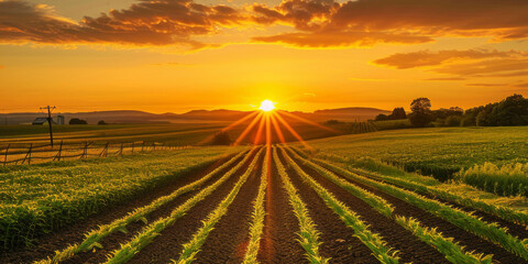 Sunset over a serene agricultural landscape - obrazy, fototapety, plakaty