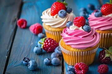 Tasty cupcakes with butter cream and ripe berries on blue wooden table - obrazy, fototapety, plakaty