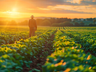 Farmer overlooking tobacco field during golden hour. Agricultural landscape with copy space. Sustainable farming and agribusiness concept