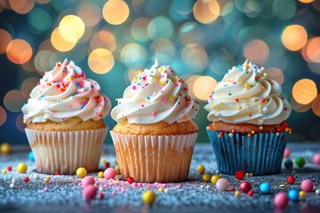 Tasty cupcakes with butter cream and sprinkles on blurred lights background