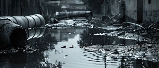A black and white photo of a flooded street. Suitable for weather or natural disaster concepts