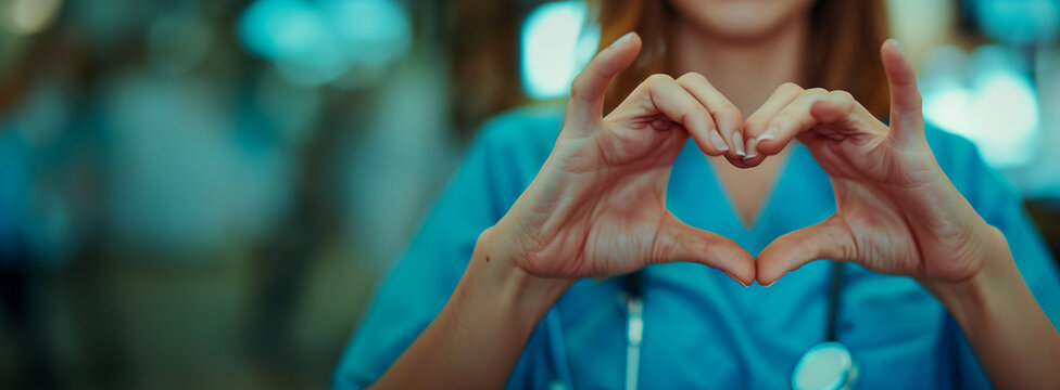 Nurse forming a heart shape with hands in a hospital setting. Compassionate care and healthcare support concept. Design for medical staff appreciation poster, heart health awareness campaign.