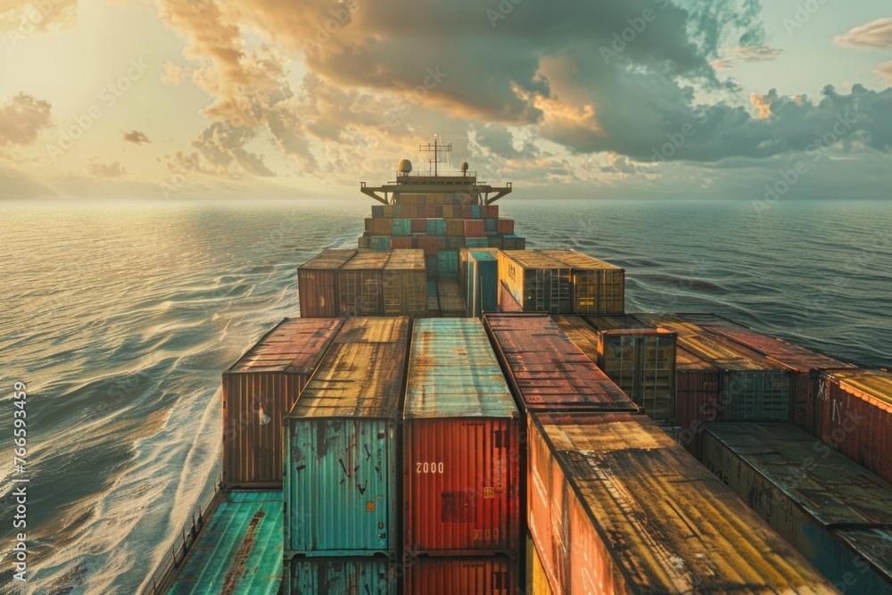 Poster A large container ship sailing in the ocean. Suitable for transportation and shipping concepts