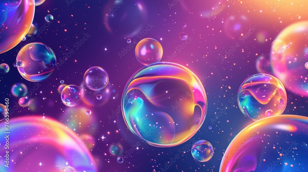 Poster colorful soap bubbles floating in the air, suitable for various projects
