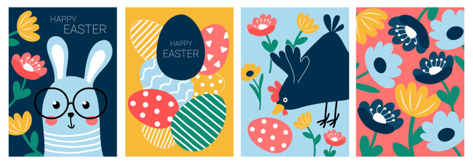 Happy easter. Colorful vector naive cute illustrations with rabbit, chicken, Easter eggs and flowers. Suitable for posting on social networks, poster, banner, postcard, background.