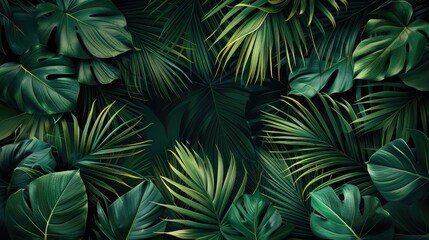 A background of dark green palm leaves. Generative AI.
