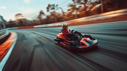 A person riding a go kart on a race track. Suitable for sports and recreational themes - obrazy, fototapety, plakaty