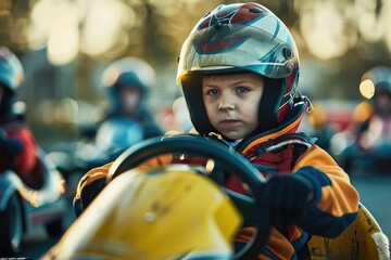 Young boy in a helmet driving a go kart, suitable for sports and recreational concepts
