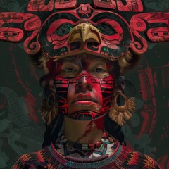A digital portrayal of an ancient warrior's visage with cultural artifacts and vivid red face paint