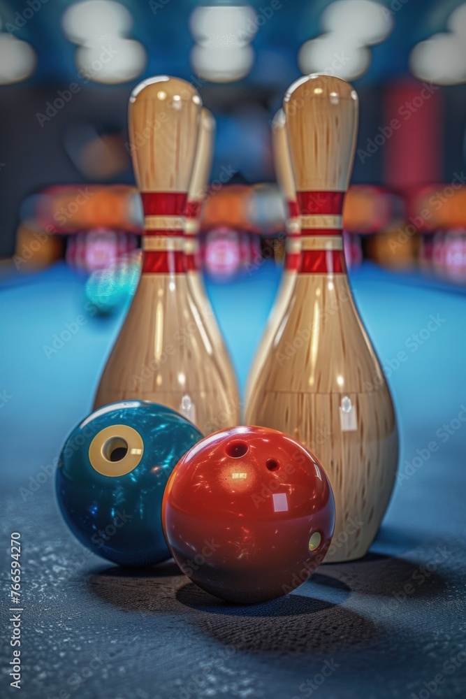 Poster a bowling ball and two pins placed on a pool table. suitable for sports and leisure concepts
