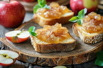 Toast breads with sweet apple jam on wooden table