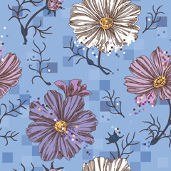Blue seamless pattern with flowers. Color. vector illustration