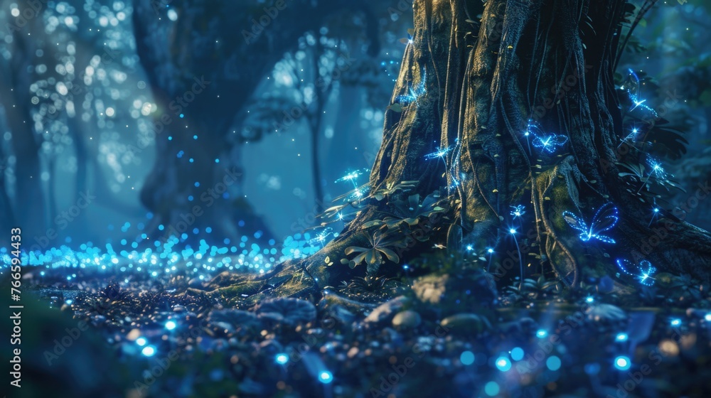 Poster tree with blue lights in a mysterious forest. perfect for fantasy or magical themes