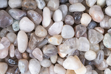 Closeup of various colorful stones quartz, marbles, ore minerals, gems use as ornament and decoration jewelry that contain spiritual force human believes 