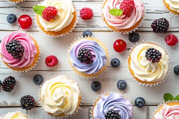 Tasty cupcakes with butter cream and ripe berries on wooden table. Flat lay - obrazy, fototapety, plakaty