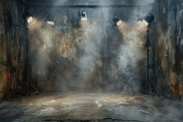 A room filled with bright lights and smoke, creating a dramatic atmosphere. Ideal for concepts related to mystery or excitement